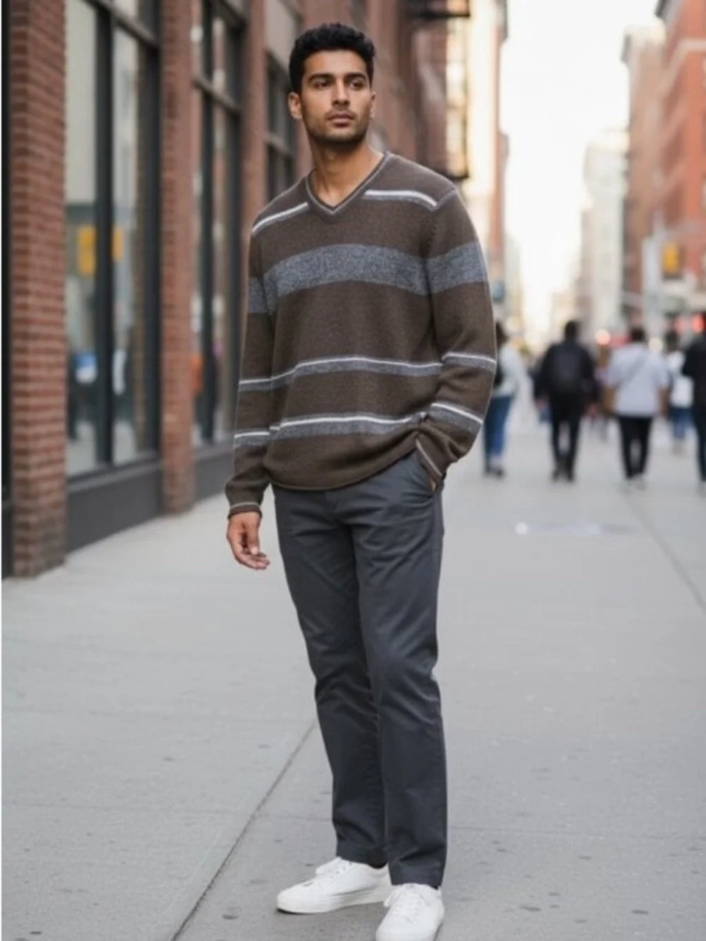 Banana Republic Lambswool Cashmere Knit V-Neck Striped Sweater Dark Brown Grey